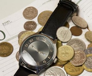 Watch and coins